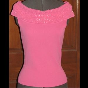 AUBERGENE pink off shoulder beaded knit blouse M⚠️🕚